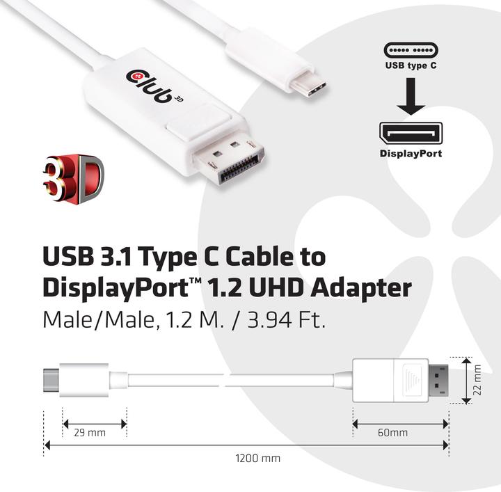 Image du produit Club 3D USB Typ C — DisplayPort (USB-C, 120 cm)