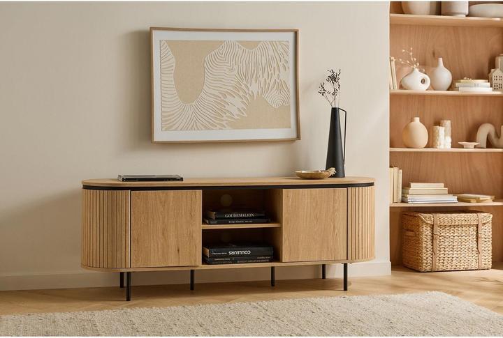Image du produit CaliCosy Meuble TV 2 portes avec côtés effet rainuré L150 cm - MALAGA (150 x 40 x 55 cm)