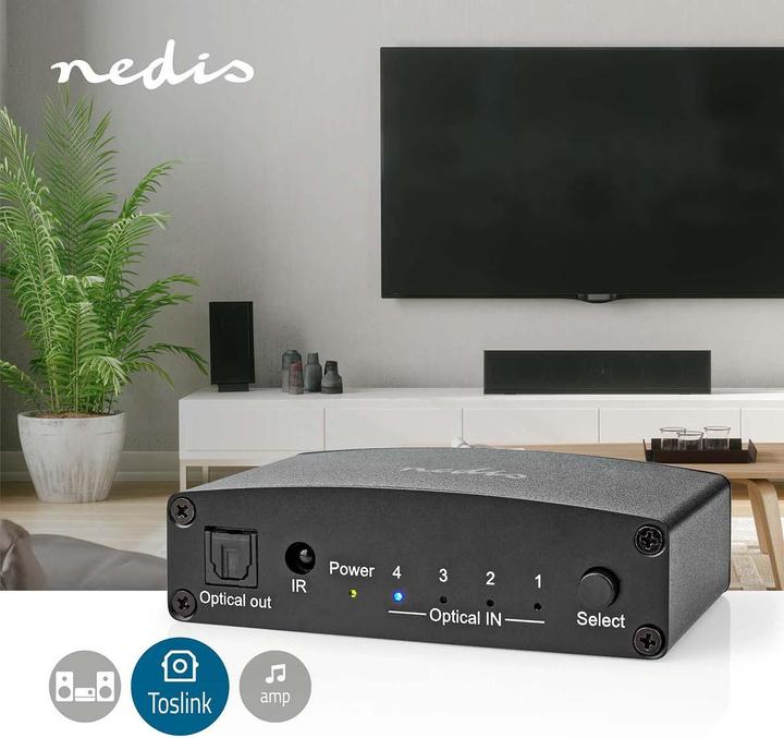 Actual product image Nedis Digital Audio Switch | 4-Way | Connectors - Input: DC Power / 4x TosLink | Connectors - Off (0.05 m)