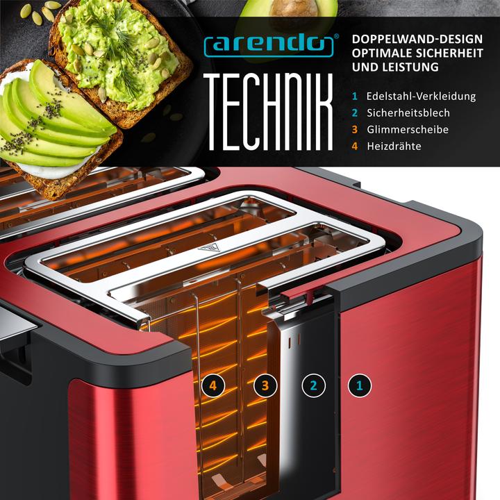 Produktbild Arendo Toaster 4 Scheiben Kurzschlitz, Wärmeisolierendes Doppelwandgehäuse, Edelstahl, Automatik, 1750 W (EU-Stecker)