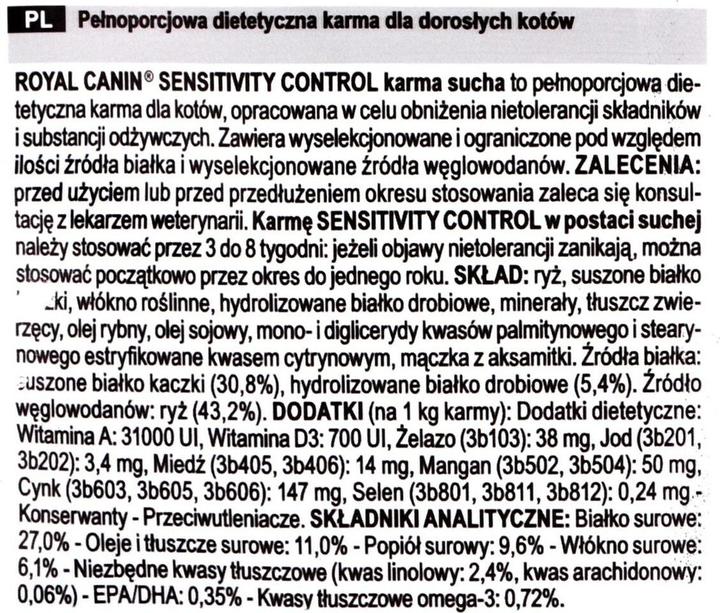 Nutritional values and ingredients Royal Canin Vet Sensitivity Control (Adult, 1 pcs., 1500 g)