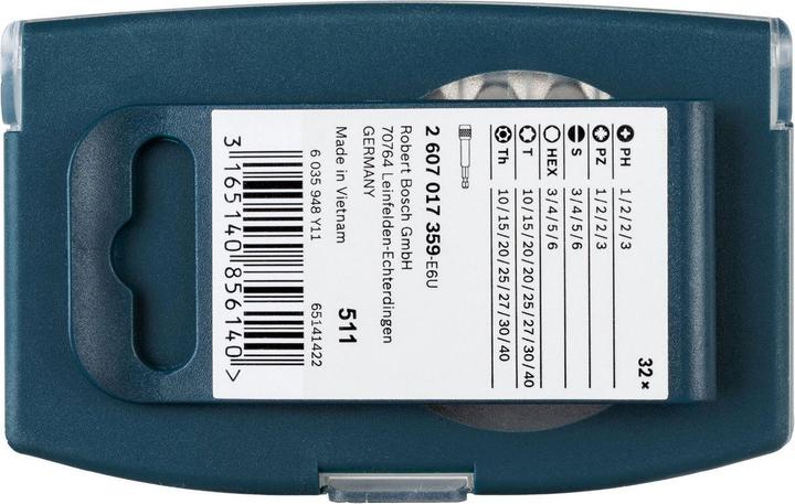 Productafbeelding Bosch Professional Zubehör Schroevendraaier bitset, 32 stuks (Kruis Phillips PH M1, Phillips kruis PH M2, Phillips kruis PH M3, Kruis Pozidriv PZ M1, Kruis Pozidriv PZ M2, Kruis Pozidriv PZ M3, Zeskantig M6, Schroefgleuf M3, Schroefgleuf M4, Zeskantbus TX M15, Zeskantbus TX M20, Zeskantbus TX M25, Zeskantig M3, Zeskantig M4, Zeskantig M5, Zeskantbus TX M27)