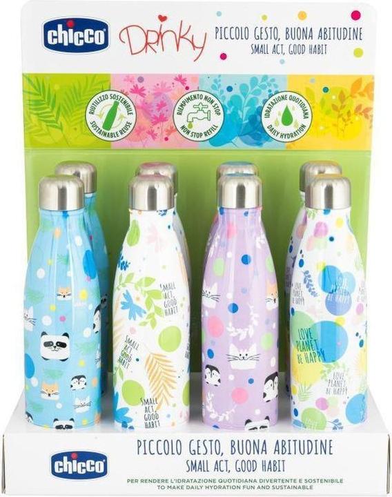 Produktbild Chicco Inox Flaschen DRINKY, 500ml, Display à 8 Stk., (assortiert) Farben (0.50 l)