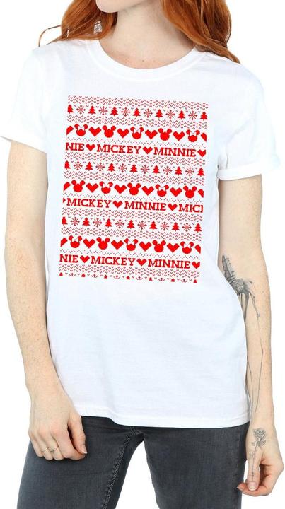 Actual product image Disney Womens/Ladies Mickey And Minnie Christmas Fair Isle Cotton Boyfriend T-Shirt (S)