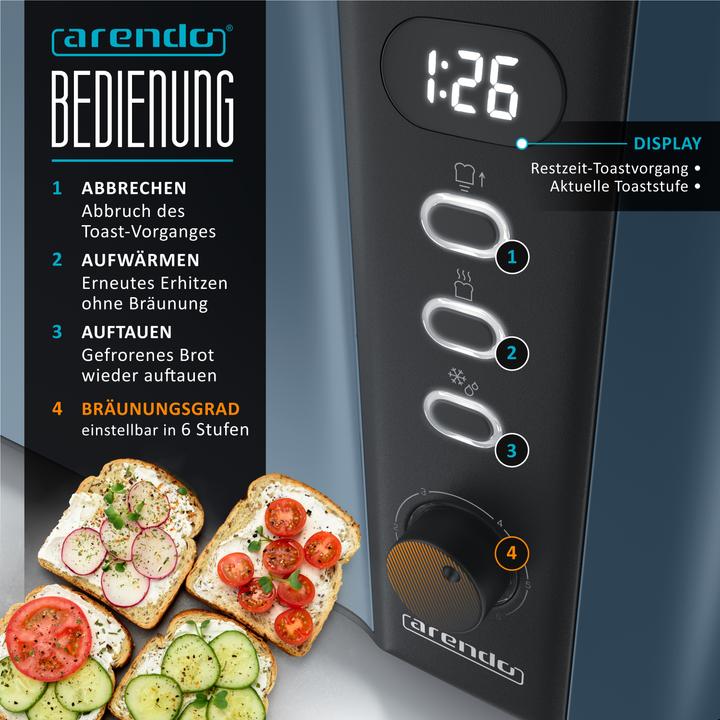 Produktbild Arendo Toaster Edelstahl Langschlitz 2 Scheiben, Doppelwand, Display mit Restzeitanzeige, Brötchenaufsatz