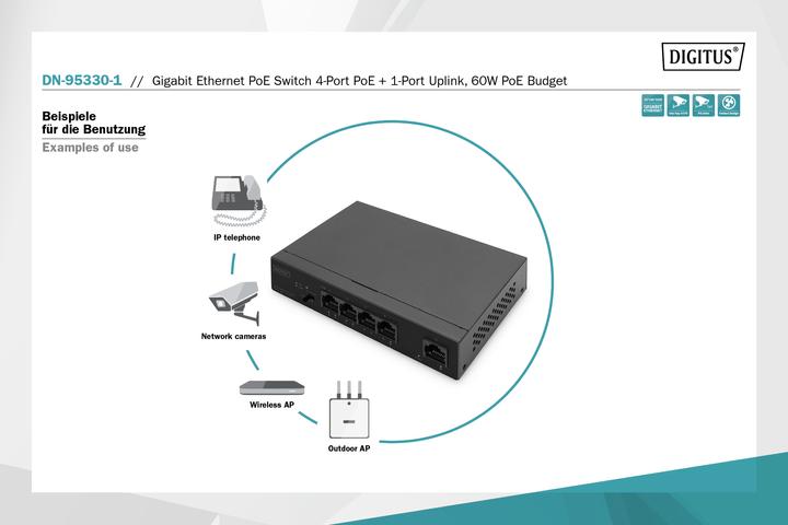 Produktbild Digitus Gigabit Ethernet PoE Switch 4-port PoE + 1-port uplink, 60W PoE Budget (4 Ports)