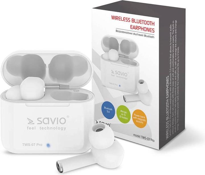 Produktbild Savio TWS-07 PRO Bluetooth Earphones Kopfhörer Weiss (4 h, Kabellos)