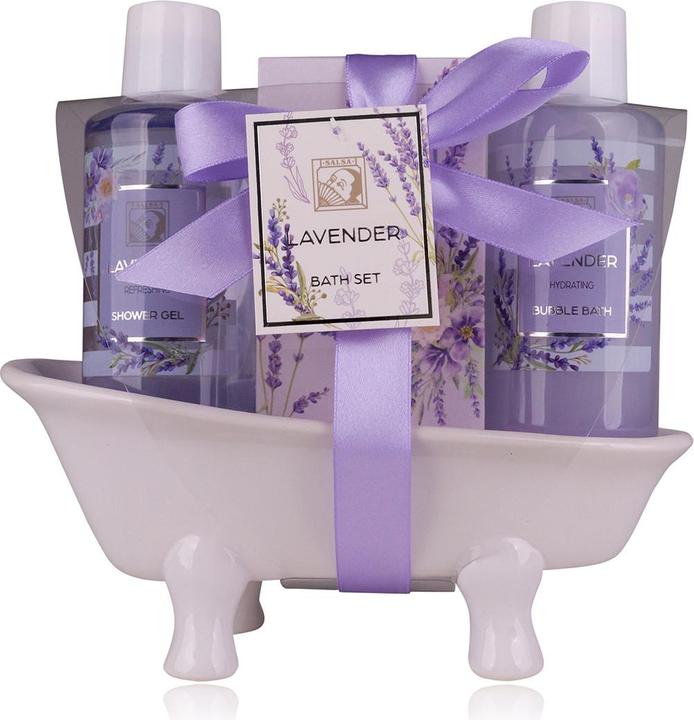 Accentra Badeset LAVENDEL in Keramikbadewanne, inkl. 140ml Duschgel, 140ml Schaumbad, 50g Badesalz, Duft: Lav (Haarpflege set)