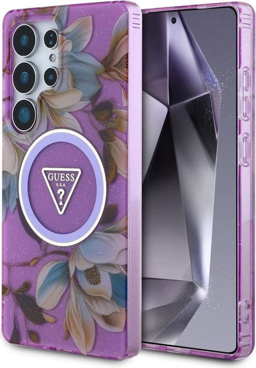 Immagine prodotto Guess Etui Glitter Flowers Triangle Buttons MagSafe do Samsung Galaxy S25 Ultra fioletowy (Samsung Galaxy S25 Ultra)