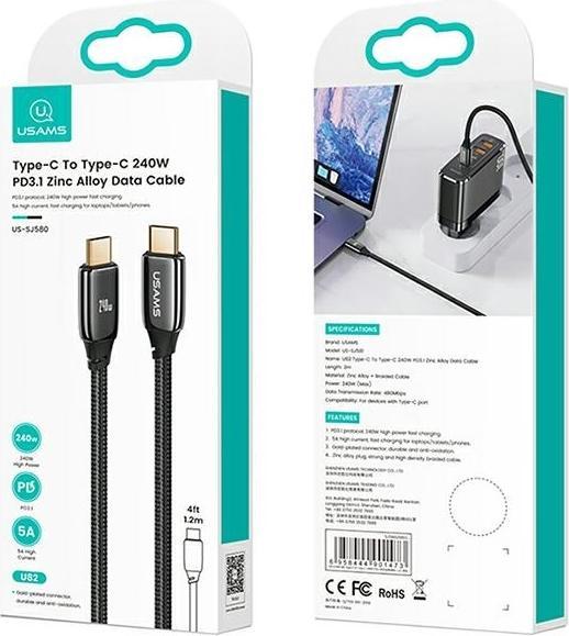 Immagine prodotto Usams Cavo di ricarica da Tipo-C a Tipo-C - Nero (2 m, USB 3.1)
