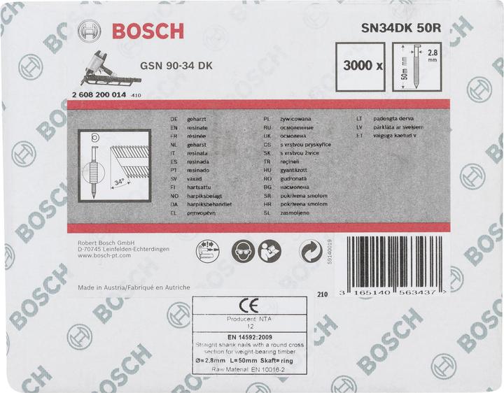 Nährwerte und Zutaten Bosch Professional Zubehör D-Kopf Streifennagel SN34DK 50R, 2,8 mm, 50 mm, blank, gerillt