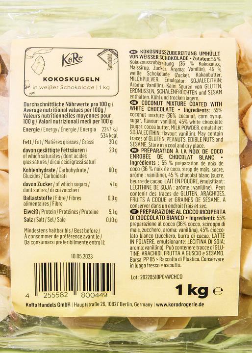 Valori nutrizionali e ingredienti KoRo Preparato al cocco ricoperto di cioccolato bianco (1000 g)