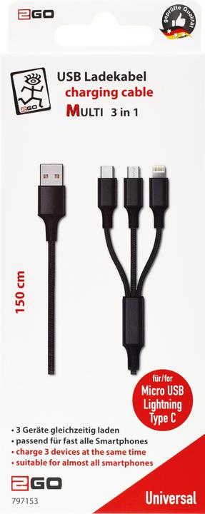 Immagine prodotto 2GO 797153 Cavo USB B USB C/Micro USB B/Lightning (1.50 m, USB 3.2 Gen 1)