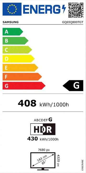 Energie-Label Samsung GQ65Q800TGT - 163 cm (65") Diagonalklasse Q800T Series LCD-TV mit LED-Hintergrun (65", QLED, 8K)