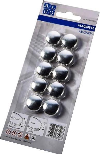 Alco Aimants plats argentés, diamètre : 20 mm (10 x)