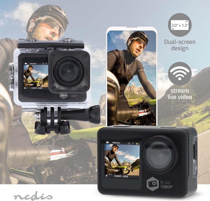 Actual product image Nedis Action Cam | Dual screen | 1080p@30fps | 12 MPixel | Waterproof up to: 30.0 m | 70 min | (30p, Wi-Fi)