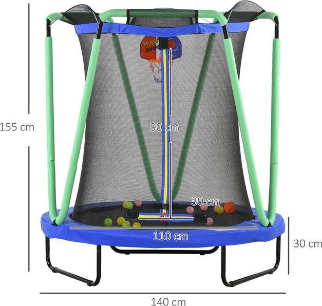 Produktbild Swisshandel24 Trampolin Kindertrampolin Sicherheitsnetz Ø140cm Basketballkorb Basketball 20 Bälle 3-10 Jahre Blau (140 cm)