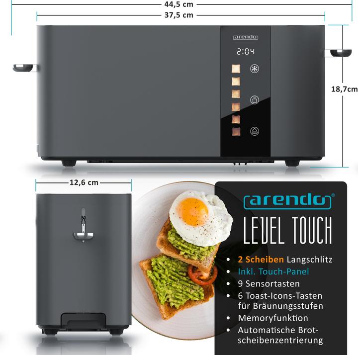 Image du produit Arendo Toaster Edelstahl 2 Scheiben Langschlitz, Restzeit & Bräunungsgradanzeige, Touch Display, 1000 W (Prise UE)