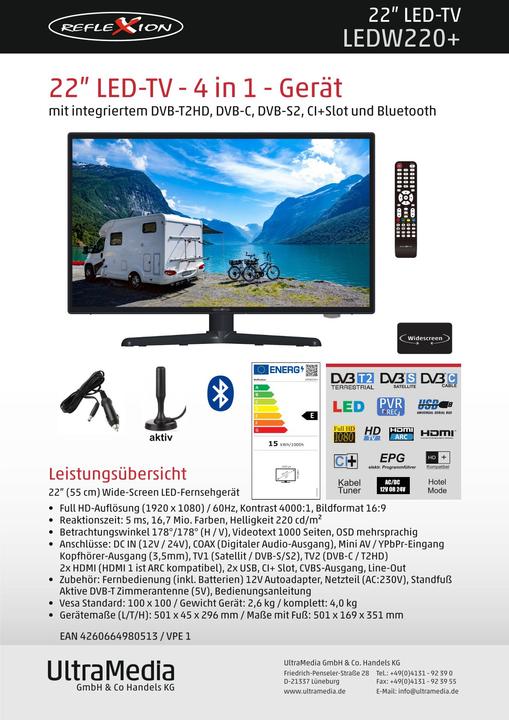 Etichetta energetica Reflexion LEDW220+ TV LED 55 cm/22 pollici, Full HD, 12/24/230 Volt Camping Caravan (22", Full HD)