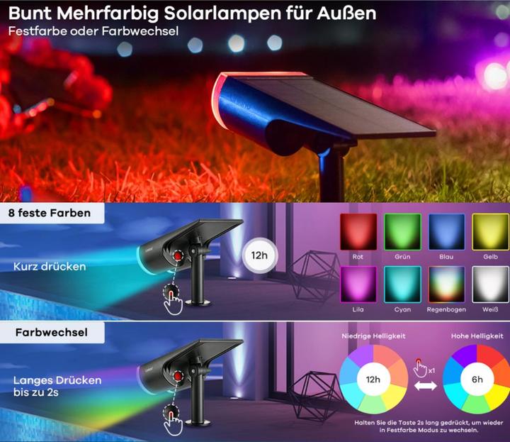 Immagine prodotto Lumina Swiss 2x LED Spot solare da giardino 4W RGB IP67 (650 lm, IP67)