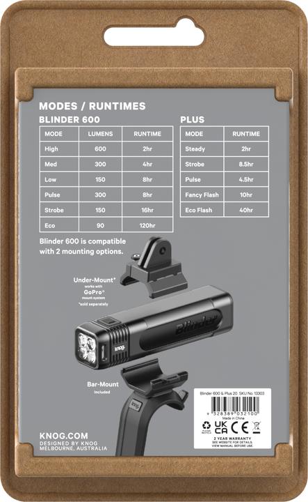 Actual product image knog. Blinder 600 & Plus Rear (600 lm, 20 lm)