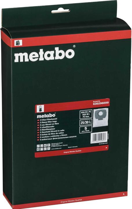 Actual product image Metabo 5 x fleece filter bags - 25/30 l. for ASA 25 L PC (5 x)