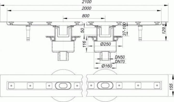 Actual product image Dallmer shower channel CeraLine vertical F 521750, 2000mm, DN 50/ DN 70 Overall height 110mm (2155 mm)