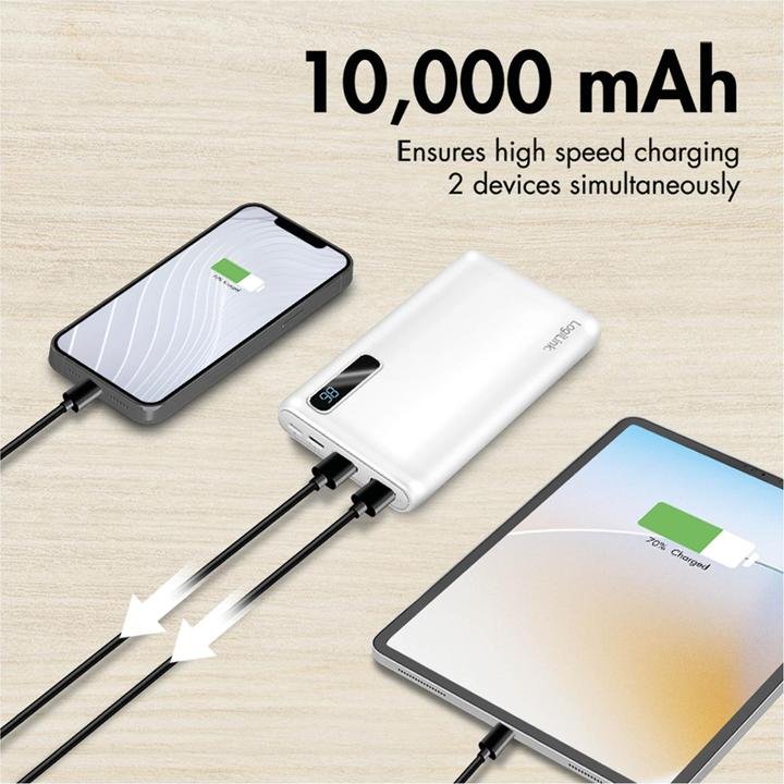 Produktbild LogiLink Powerbank 10000 mAh, 2x USB-A, 2-in-1 Kabel, mit Display, weiss (10000 mAh)