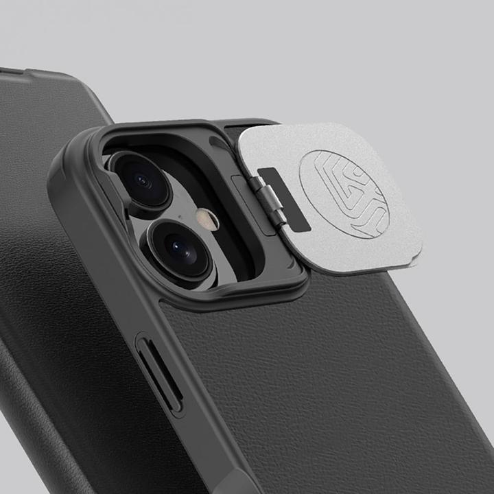Produktbild Nillkin Qin Prop Leather Case with Camera Cover and Stand for iPhone 16 - Black (Apple iPhone 16)