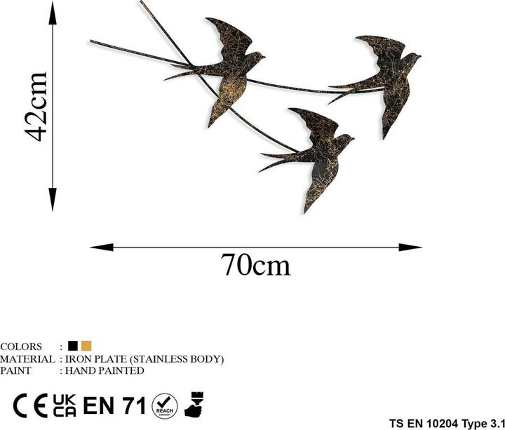 Produktbild Wallxpert Wanddekoration Schlucken Vogel 42 x 70 cm, Metall (42 x 70 cm)