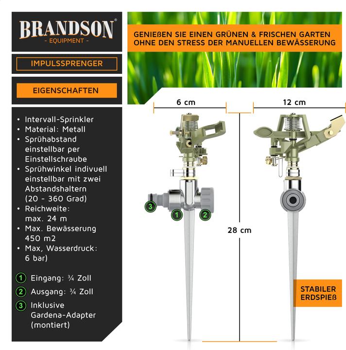 Actual product image Brandson Metal circular sprinkler, interval sprinkler, impulse sprinkler, lawn sprinkler up to 450 m² (Impulse, circular and sector sprinklers)