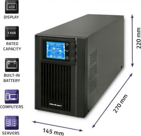 Actual product image Qoltec 53042 Uninterruptible Power Supply| On-line| Pure Sine Wave| 1kVA| (1000 VA, 800 W, Online double converter UPS)