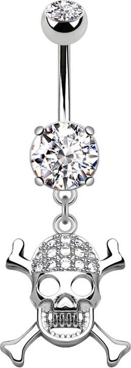 Image du produit Star Piercing Banane argentée avec deux boules de cristal pendentif argenté os croisés et tête de mort (Laiton, Acier chirurgical 316L)