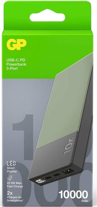 Actual product image GP Batteries GP PowerBank M2+ 10C 10000mAh 2xUSB-C/1xUSB-A green LED display (10000 mAh, 22.50 W, 37 Wh)