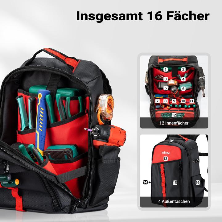 Produktbild Wiltec Werkzeugrucksack 33x20x43cm Werkzeugtasche 16 Fächer Werkzeug Rucksack