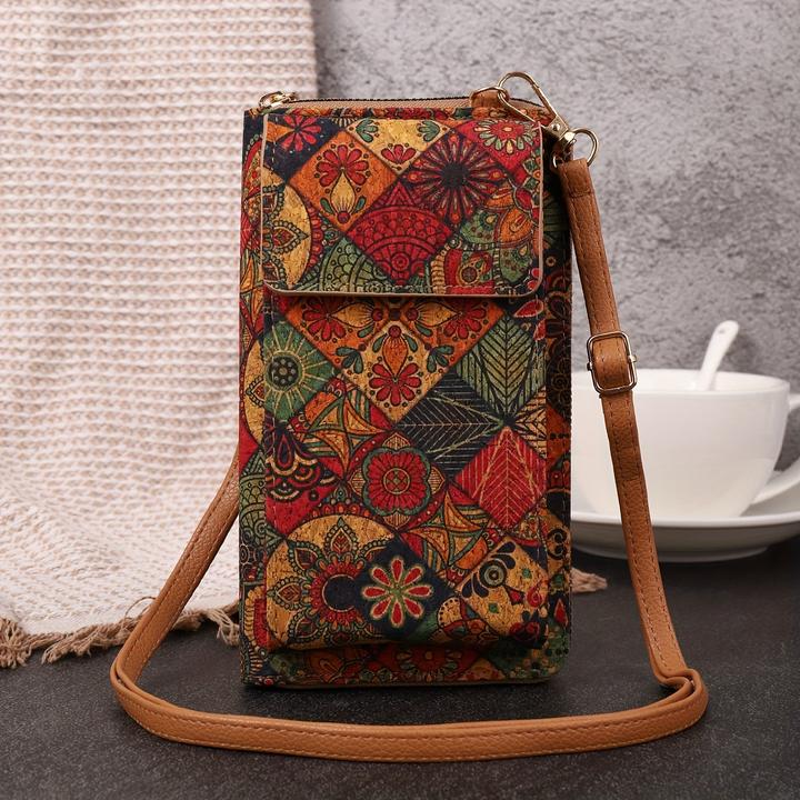 Only-Bags.Store Bohemian Floral Pattern Wallet, Retro Vegan Leather Coin Purse, Crossbody Mobile Phone Bag