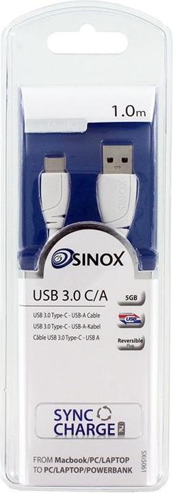 Immagine prodotto Sinox i-Media - Cavo USB - da USB tipo A (maschio) a USB-C (maschio) reversibile - USB 3.0 - 1 m - bianco