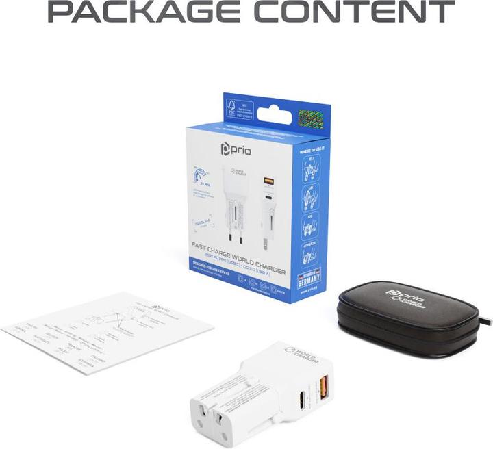 Actual product image prio Fast Charge World travel charger 25W PD PPS (USB C) + QC 3.0 (USB A) white (25 W)