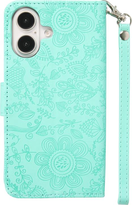 Produktbild PhoneLook Hülle Flip Kartenetui Blumenmuster mit Lanyard Hellblau (Apple iPhone 16)