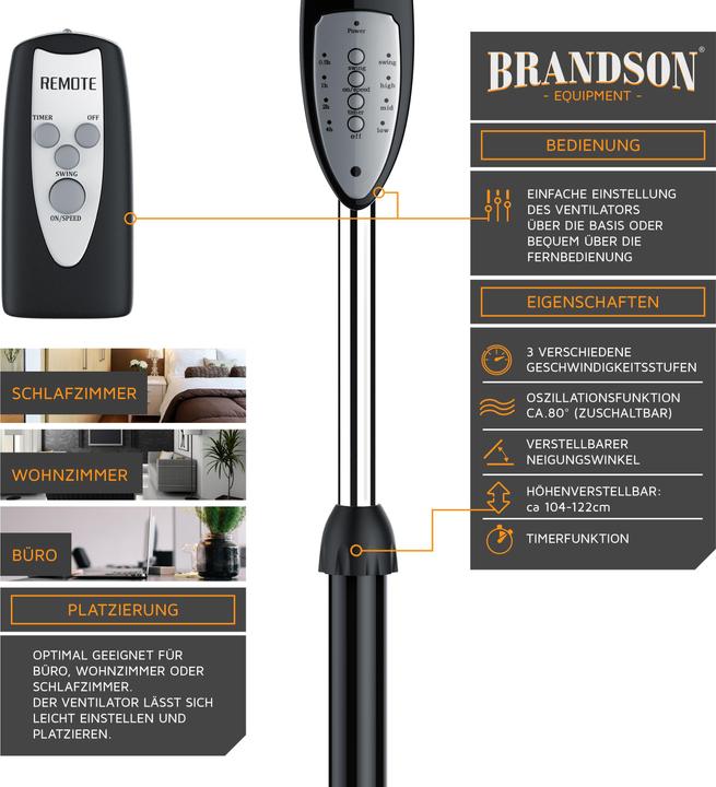 Produktbild Brandson Standventilator, 42 cm Ø, Standlüfter, Fernbedienung, Neigbar 30°, 50W, Oszillation 80°, schwarz (57 dB)