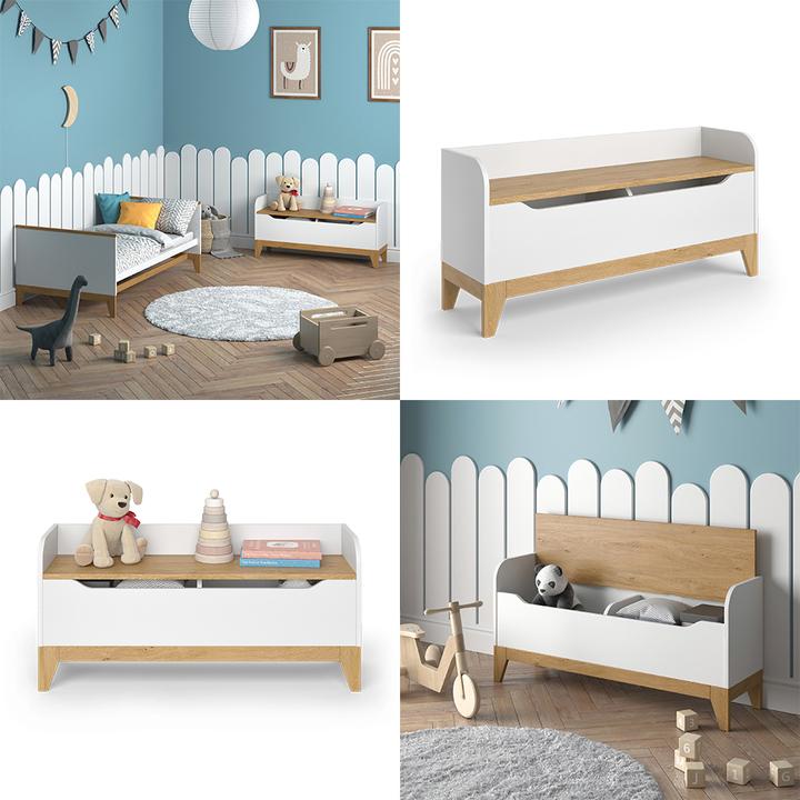 Immagine prodotto VitaliSpa Spielzeugtruhe Malia, Weiss/Eiche, 107.2 x 50 cm mit Sitzbank