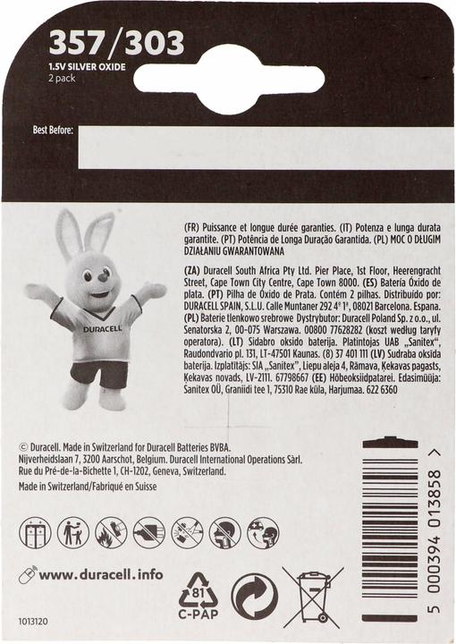 Immagine prodotto Duracell 357, 303, V357, V303, SR44, SR44SW, Uhrenbatterie D357, 2er Blister (2 pz., 190 mAh)
