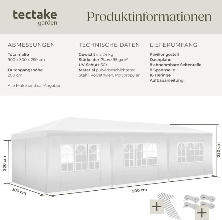 Produktbild tectake Pavillon Miramas mit 8 Seitenteilen, wasserdicht, 9x3m (900 cm, 300 cm)