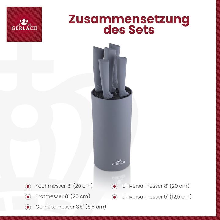 Actual product image Gerlach Knife Set In Block Smart Grey, Stainless Steel, Grey, 16 x 12 x 36.5 cm, 5 units