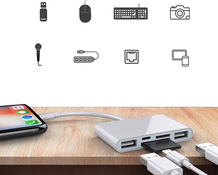 Image du produit Apfelkiste Lecteur de carte Lightning vers SD/MicroSD & adaptateur de charge pour iPhone/iPad (Lightning, USB-A, MicroDot)