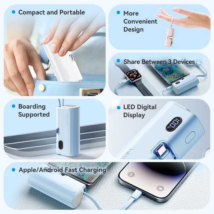 Produktbild Vention LED Display 4800mAh Power Bank (USB-C + Lightning + USB-C) 22.5W Pink Foldable USB-C Type (4800 mAh, 22.50 W, 22.50 Wh)