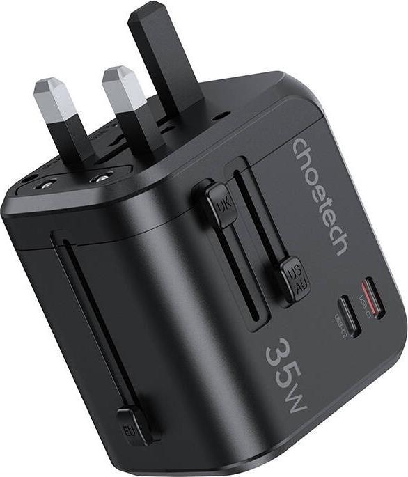 Actual product image Choetech Travel wall charger PD5008, 3xUSB-A, 1xUSB-C, GaN, 30W (black) (30 W)