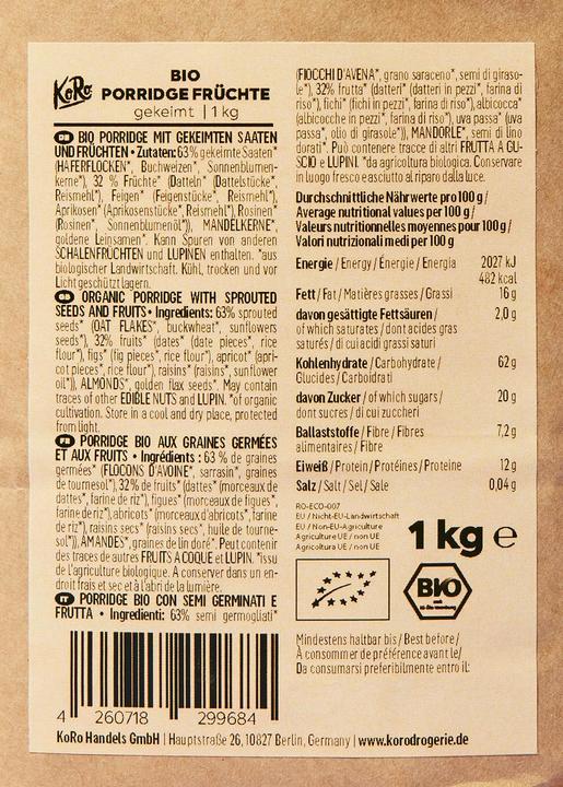 Nährwerte und Zutaten KoRo Bio Porridge mit gekeimten Saaten und Früchten (1000 g)