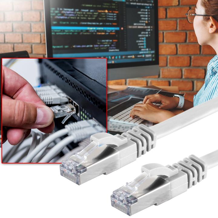 Image du produit S-Impuls Lot de 2 câbles réseau Cat 7, câble plat, 2x RJ45 mâles, blanc, 15 m (U/FTP, CAT6a, 15 m)