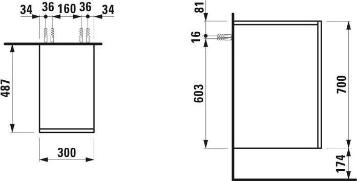 Actual product image Laufen Side element KARTELL 700x300x485mm Scharn. r. slate grey